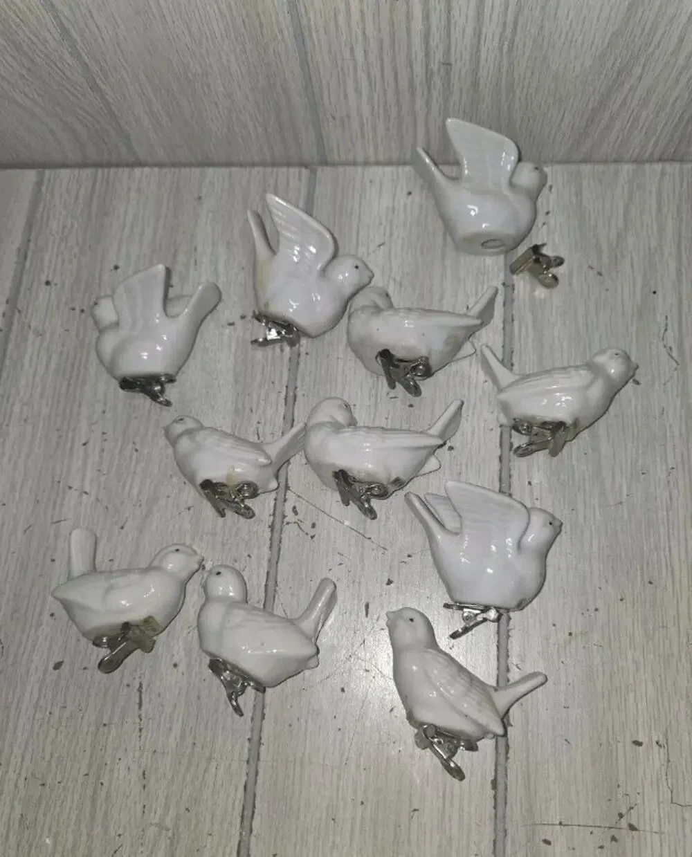 Vtg White Porcelain Ceramic Clip On Dove Love Bird Christmas Ornaments Set Of 11